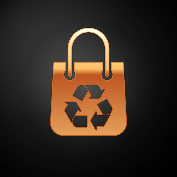 Goldfarbene Einkaufstasche aus Papier mit Recycling-Symbol auf schwarzem Hintergrund. Tasche mit Recycling-Symbol. Vektorillustration - Vektor, Bild