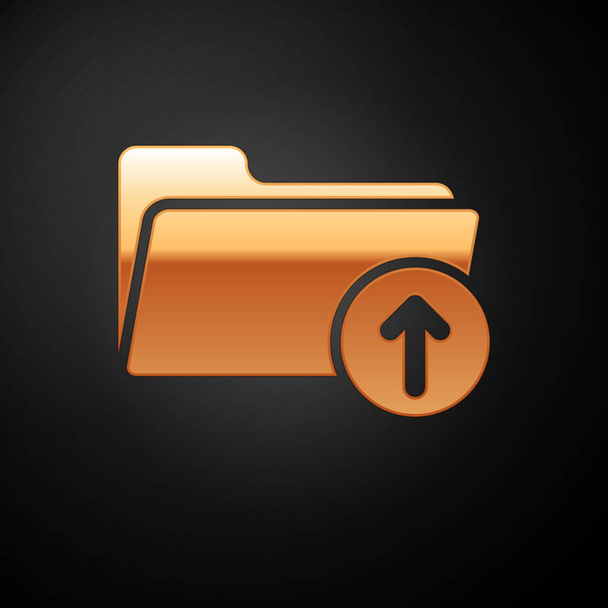 Gold-Downloadpfeil mit Ordnersymbol isoliert auf schwarzem Hintergrund. Vektorillustration - Vektor, Bild