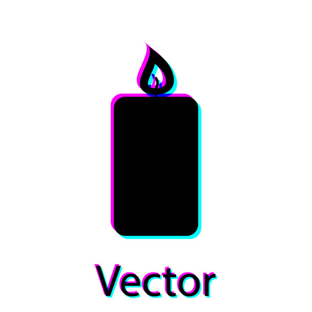 Black Burning candle icon isolated on white background. Old fashioned lit candle. Cylindrical aromatic candle stick with burning flame. Vector Illustration - Vector, Image