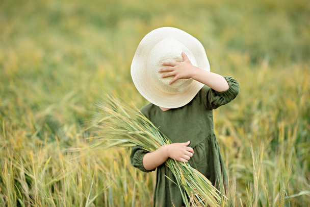 Šťastná dívka kráčeje zlatou pšenicí a užívala si života na hřišti. Přírodní krásy a pole pšenice. Rodinný život v přírodě. Koncept svobody. Roztomilá holčička v letním poli - Fotografie, Obrázek