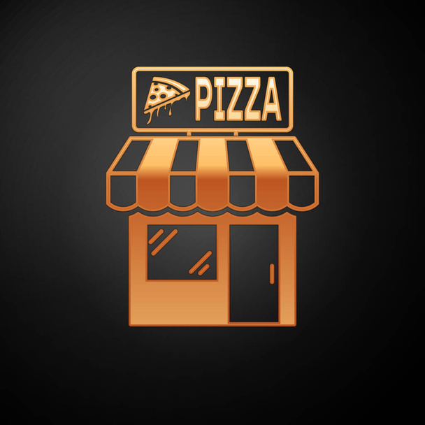 Gold Pizzeria Gebäude Fassade Symbol isoliert auf schwarzem Hintergrund. Fast Food Pizzeria Kiosk. Vektorillustration - Vektor, Bild