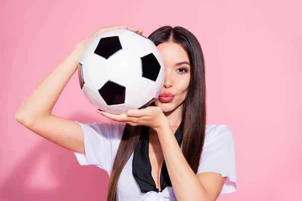 Close up photo of beautiful lady head school committee soccer ball hands hiding half face coquette wear white top isolated pink background - Foto, imagen