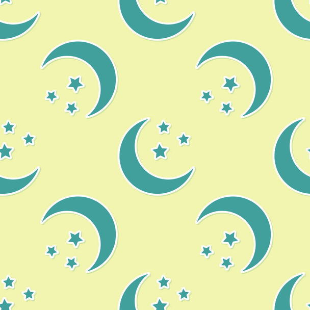 grüner Mond und Sterne-Symbol isoliert nahtlose Muster auf gelbem Hintergrund. flache Bauweise. Vektorillustration - Vektor, Bild