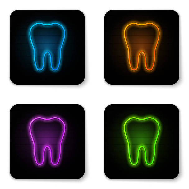 白い背景に隔離された輝くネオン歯のアイコン。歯科診療所または歯科医院および歯磨き粉パッケージのための歯のシンボル。黒い正方形のボタン。ベクトルイラストレーション - ベクター画像