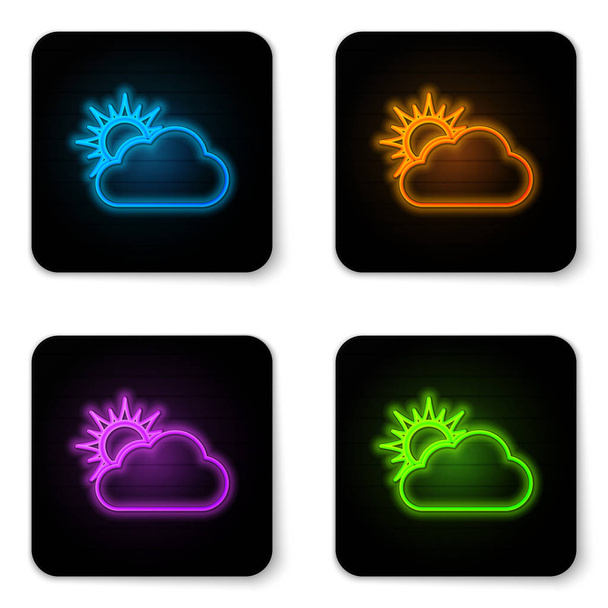 Gloeiende neon Zon en wolk weer pictogram geïsoleerd op witte achtergrond. Zwarte vierkante knop. Vector Illustratie - Vector, afbeelding
