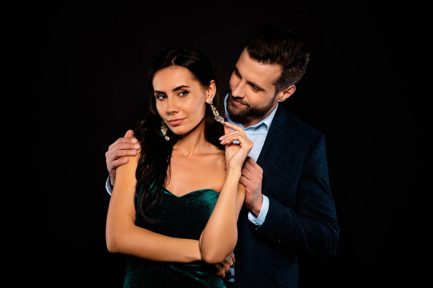 Close up photo beautiful pair classy she her chic coquettish earring fingers he him his hold shoulders tender look piggyback pose wear blue plaid costume jacket green dress isolated black background - Fotografie, Obrázek