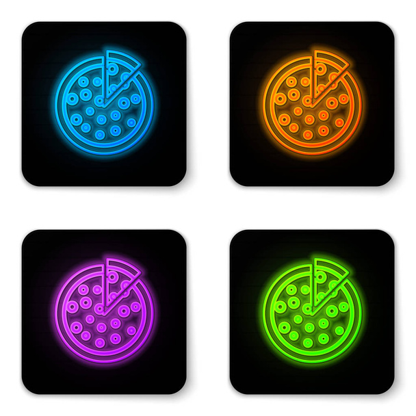 Izzó neon pizza ikon izolált fehér háttér. Fekete négyzet gombot. Vektoros illusztráció - Vektor, kép