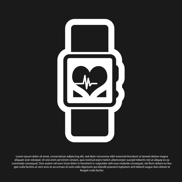 Siyah arkaplanda kalp atışı simgesini gösteren siyah akıllı saat. Fitness uygulaması konsepti. Vektör İllüstrasyonu - Vektör, Görsel