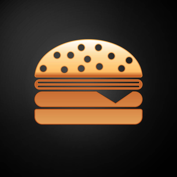 Gold Burger icon isolated on black background. Hamburger icon. Cheeseburger sandwich sign. Vector Illustration - Vector, Image