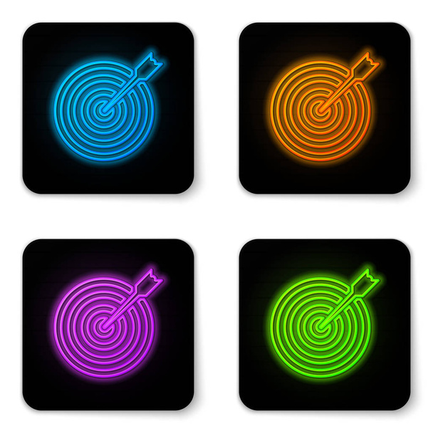 Glowing neon Target with arrow icon isolated on white background. Dart board sign. Archery board icon. Dartboard sign. Business goal concept. Black square button. Vector Illustration - Vector, Image