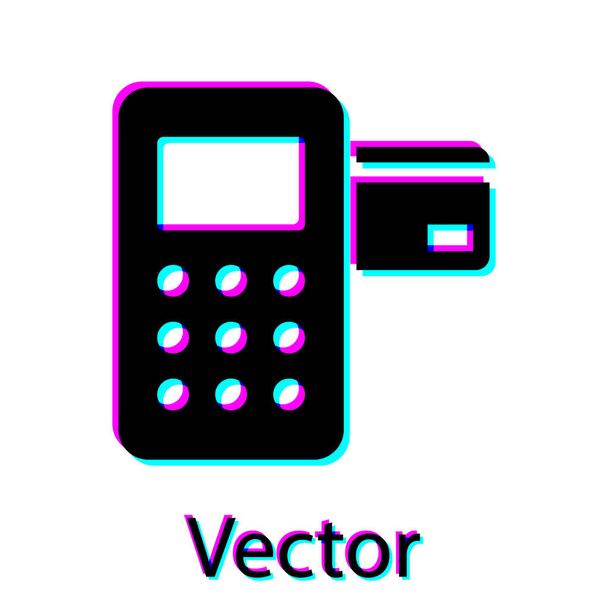 Terminál černé POS s ikonou vložené kreditní karty izolované na bílém pozadí. Transakce platebního terminálu. Vektorová ilustrace - Vektor, obrázek