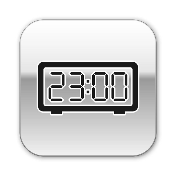 Fekete digitális ébresztőóra ikon elszigetelt fehér háttérrel. Elektronikus óra ébresztőóra. Idő ikon. Ezüst négyzet gomb. Vektorillusztráció - Vektor, kép