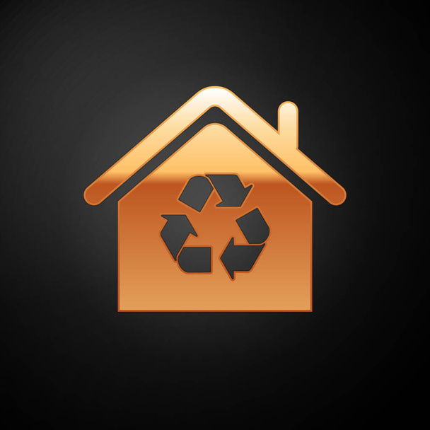 Gold Eco House z symbolem recyklingu ikona na czarnym tle. Ekologia domu z recyklingu strzałki. Ilustracja wektorowa - Wektor, obraz