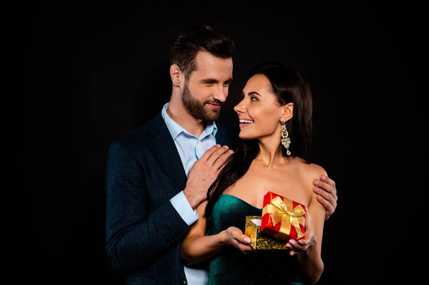 Close up photo beautiful she her classy chic lady he him his macho deliver receive giftbox pack satisfied unexpected wear plaid blue costume jacket velvet green shine dress isolated black background - Фото, зображення