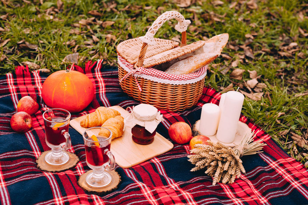 Autumn picnic. Mulled wine,picnic basket, bred, pumkin, jam, croissant - Foto, imagen
