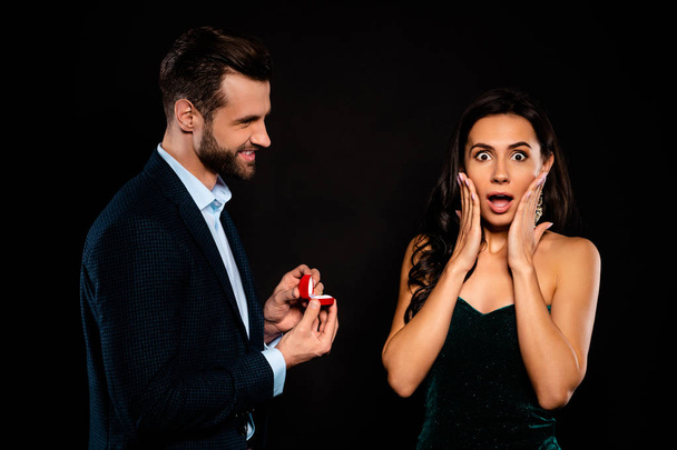 Portrait of nice lovely attractive luxury fascinating cheerful amazed two person giving receiving expensive dream rich wealthy guy sudden great event romance isolated over black background - Fotografie, Obrázek
