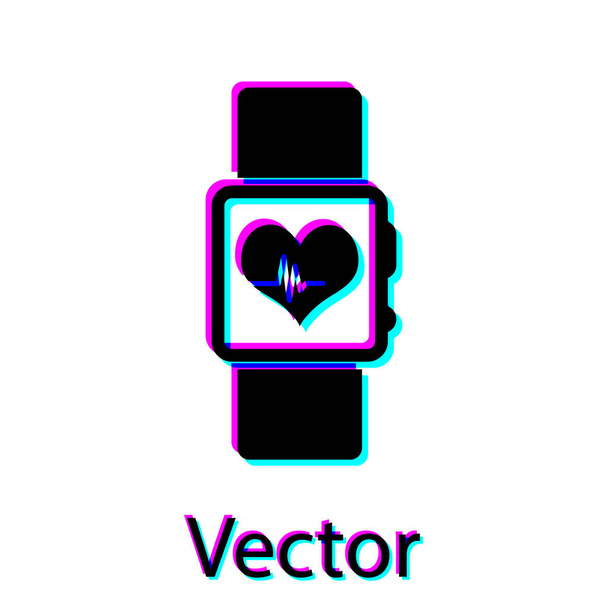 Relógio preto inteligente mostrando ícone de ritmo cardíaco isolado no fundo branco. Conceito de Fitness App. Ilustração vetorial
 - Vetor, Imagem