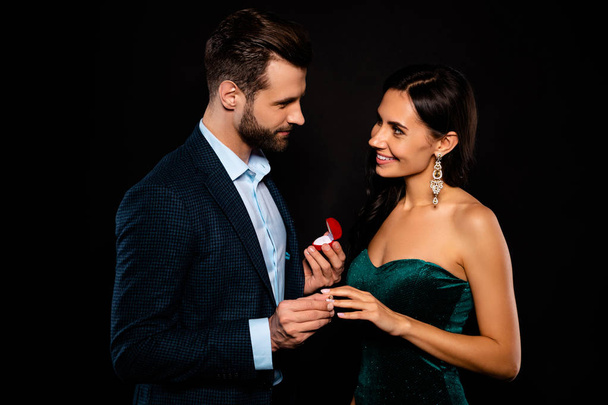 Portrait of his he her she nice-looking chic gorgeous adorable perfect attractive luxury cheerful two person soul mate get receive propose best event dream isolated over black background - Foto, immagini