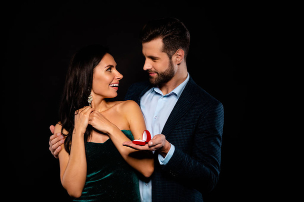 Portrait of his he her she nice-looking gorgeous fascinating attractive lovely luxury cheerful cheery two person soul mate get receive propose best occasion event isolated over black background - Fotó, kép
