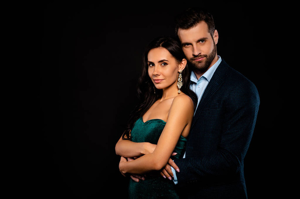 Profile side view portrait of his he her she nice-looking fascinating attractive lovely lovable luxurious confident two person soul mate perfect match isolated over black background - Zdjęcie, obraz