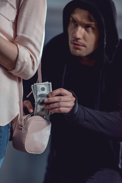 thief stealing dollar banknotes from bag of woman - Foto, Imagem