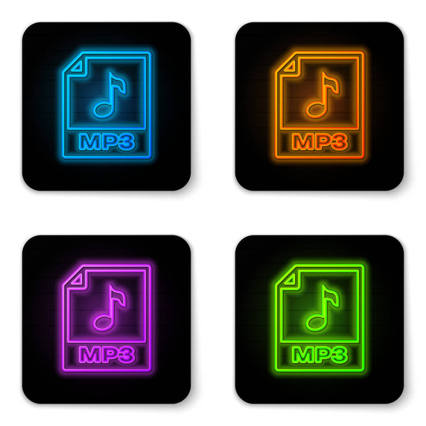 Gloeiende neon MP3 bestand documentpictogram. Download mp3 knop icoon geïsoleerd op witte achtergrond. MP3-muziek formaat teken. MP3-bestand symbool. Zwarte vierkante knop. Vector illustratie - Vector, afbeelding