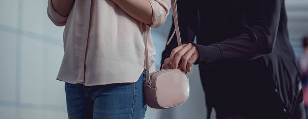 πανοραμική βολή του κλέφτη κλέβοντας χρήματα από την τσάντα της γυναίκας - Φωτογραφία, εικόνα