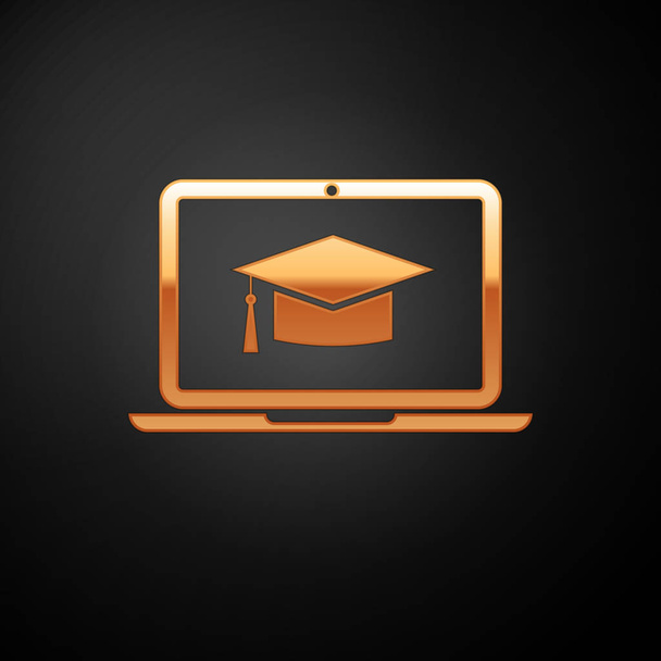 Χρυσό καπάκι αποφοίτηση στο εικονίδιο του φορητού υπολογιστή οθόνης απομονωθεί σε μαύρο φόντο. Ηλεκτρονική μάθηση ή έννοια της ηλεκτρονικής μάθησης. Απεικόνιση διανυσματικών φορέων - Διάνυσμα, εικόνα