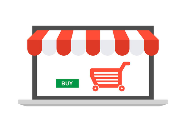 Online Store, laptop napellenző és bevásárlókosár ikonra. izolált fehér háttér - Vektor, kép