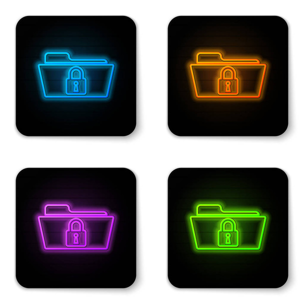 Glowing neon Folder and lock icon isolated on white background. Closed folder and padlock. Security, safety, protection concept. Black square button. Vector Illustration - Vector, Image
