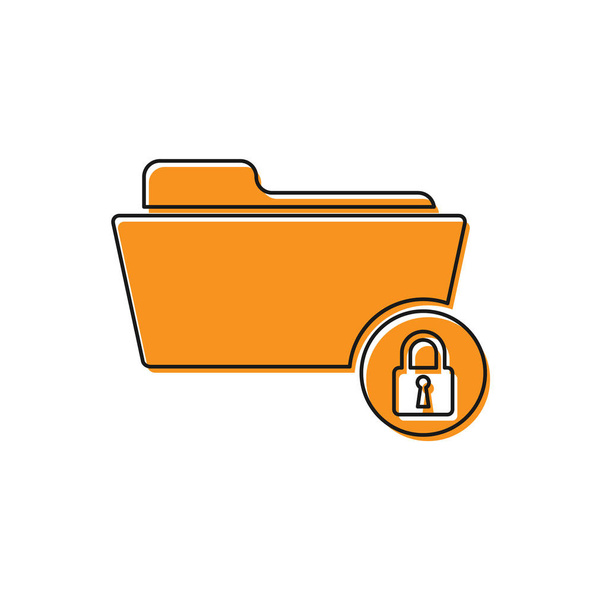 オレンジ色のフォルダとロックアイコンは、白い背景に分離されています。閉じたフォルダと南京錠。セキュリティ、安全性、保護の概念。ベクトルイラストレーション - ベクター画像