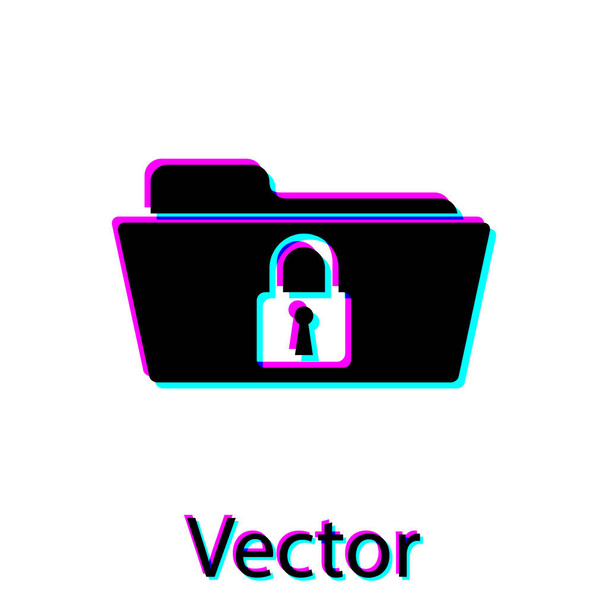 Black Folder and lock icon isolated on white background. Closed folder and padlock. Security, safety, protection concept. Vector Illustration - Vector, Image