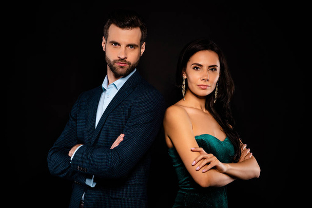 Portrait of his he her she nice-looking well-dressed attractive luxurious brandy content successful rich wealthy people standing back to back folded arms isolated over black background - Фото, зображення