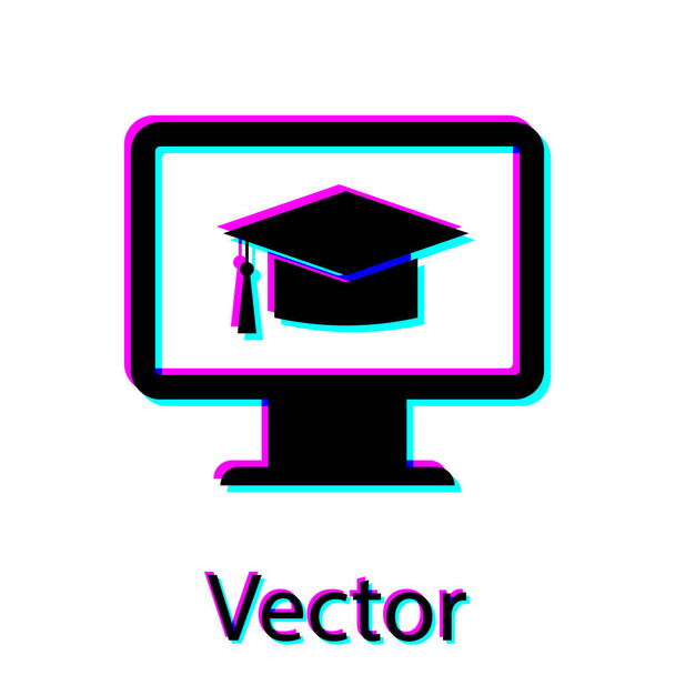 Monitor de ordenador negro con icono de la tapa de graduación aislado sobre fondo blanco. Concepto de aprendizaje en línea o aprendizaje electrónico. Símbolo de conocimiento de Internet. Ilustración vectorial
 - Vector, imagen
