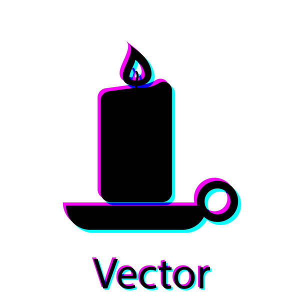 Vela Ardiente Negra en icono de candelero aislado sobre fondo blanco. Vela encendida a la antigua. Válvula cilíndrica aromática con llama ardiente. Ilustración vectorial
 - Vector, Imagen