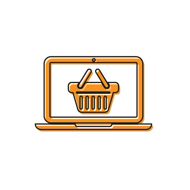画面上のオレンジショッピングバスケット白い背景に隔離されたノートパソコンのアイコン。コンセプト電子商取引、電子ビジネス、オンラインビジネスマーケティング。ベクターイラスト - ベクター画像
