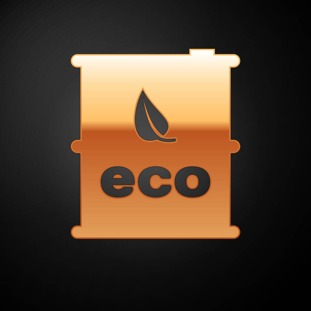 Goldfarbenes Symbol für Biokraftstofffässer auf schwarzem Hintergrund. Öko-Bio und Kanister. grüne Umwelt und Recycling. Vektorillustration - Vektor, Bild