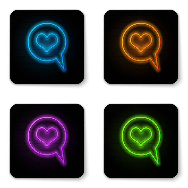 Glowing neon Heart in speech bubble icon isolated on white background. Heart shape in message bubble. Love sign. Valentines day symbol. Black square button. Vector Illustration - Vector, Image