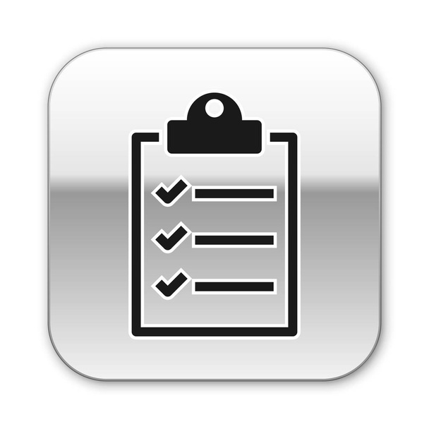 Portapapeles negro con icono de lista de verificación aislado sobre fondo blanco. Botón cuadrado plateado. Ilustración vectorial
 - Vector, imagen