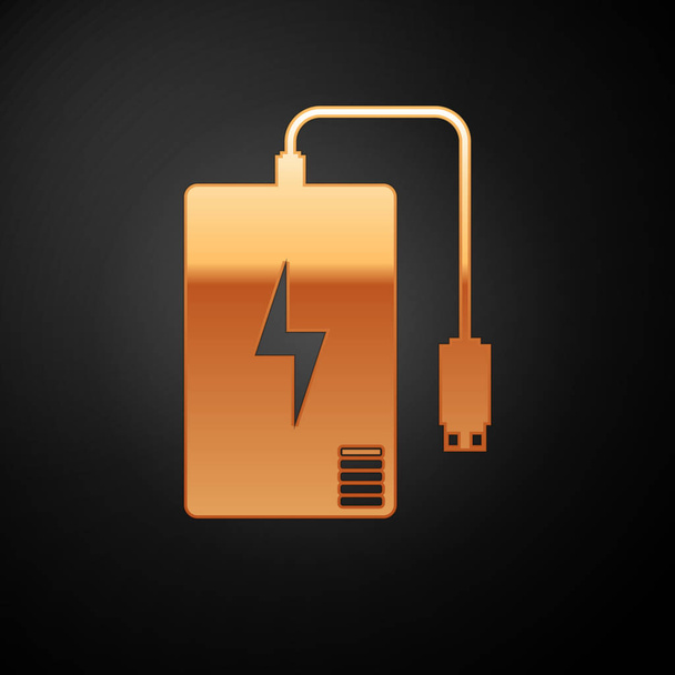 Banco Gold Power con diferentes iconos de cable de carga aislado sobre fondo negro. Dispositivo de carga portátil. Ilustración vectorial
 - Vector, imagen