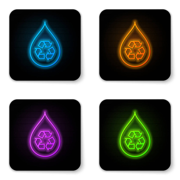Glowing neon Recycle clean aqua icon isolated on white background. Drop of water with sign recycling. Black square button. Vector Illustration - Vector, Image
