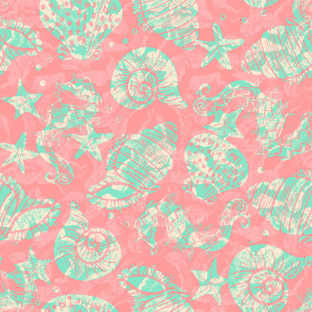 grüne und rosa Vektor verzierte Seepferdchen, Seesterne und Muscheln nahtlose Muster Hintergrund mit Stempel Textur Overlay. - Vektor, Bild