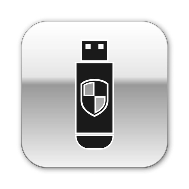 Czarny dysk flash USB i Tarcza ochronna ikona izolowane na białym tle. Srebrny kwadrat przycisk. Ilustracja wektorowa - Wektor, obraz