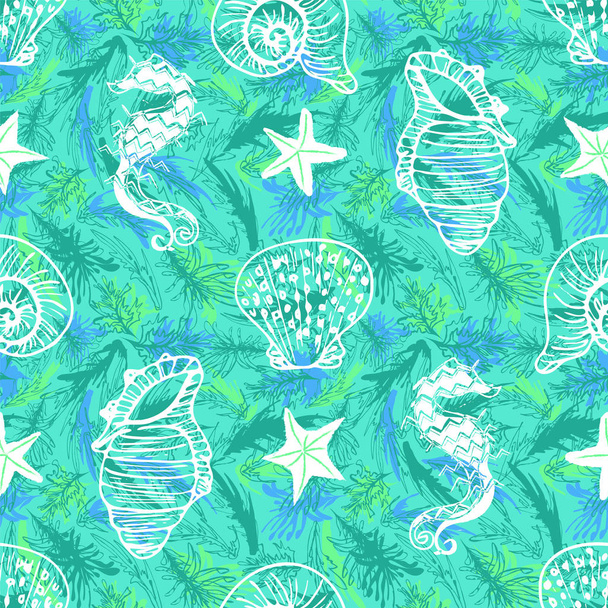 緑と青の海藻の背景に白いベクトルラインアートシーホース、ヒトデと貝殻シームレスパターン. - ベクター画像