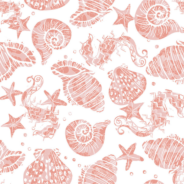 Elegantes Rosa auf weißem Vektor verzierte Seepferdchen, Seesterne und Muscheln nahtloser Hintergrund mit floraler Textur-Überlagerung. - Vektor, Bild