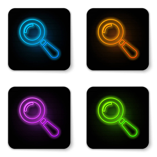Świecąca ikona szkła powiększającego Neon na białym tle. Wyszukiwanie, fokus, zoom, symbol biznesowy. Czarny kwadrat przycisk. Ilustracja wektorowa - Wektor, obraz