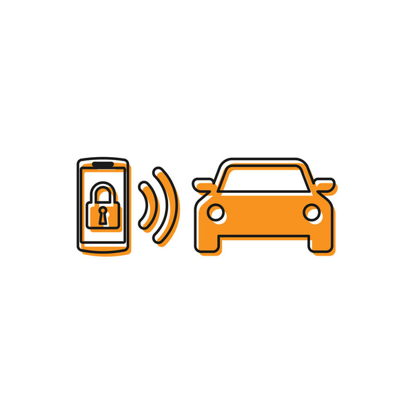 オレンジスマート車のアラームシステムアイコンは、白い背景に隔離されています。スマートフォンは、ワイヤレス上の車のセキュリティを制御します。ベクトルイラストレーション - ベクター画像
