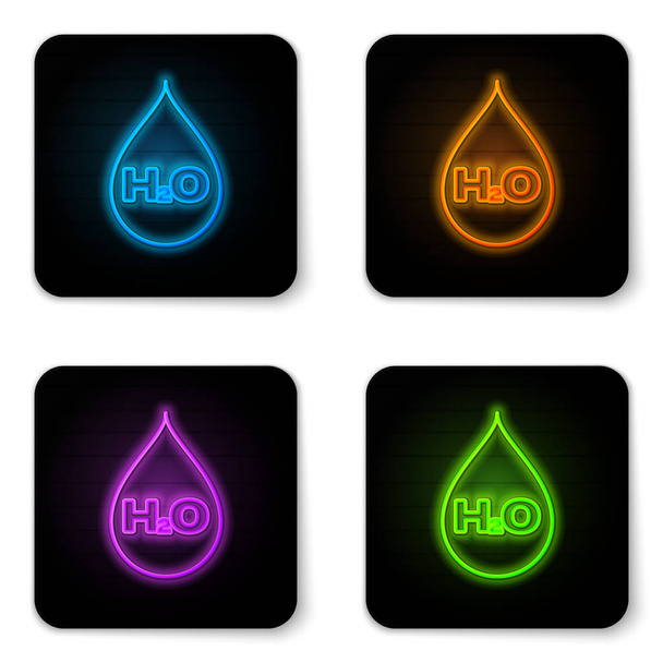 Zářící neonové kapky vody s ikonou H2O izolovanou na bílém pozadí. Vodní vzorec. Černé čtvercové tlačítko. Vektorová ilustrace - Vektor, obrázek