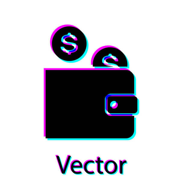 Zwarte portemonnee met munt pictogram geïsoleerd op witte achtergrond. Geld portemonnee. Munt dollar symbool. Vector illustratie - Vector, afbeelding