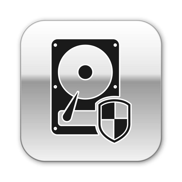 A fekete merevlemez-meghajtó (HDD) védelmi ikonja fehér háttérrel van elkülönítve. Ezüst négyzet gombot. Vektoros illusztráció - Vektor, kép